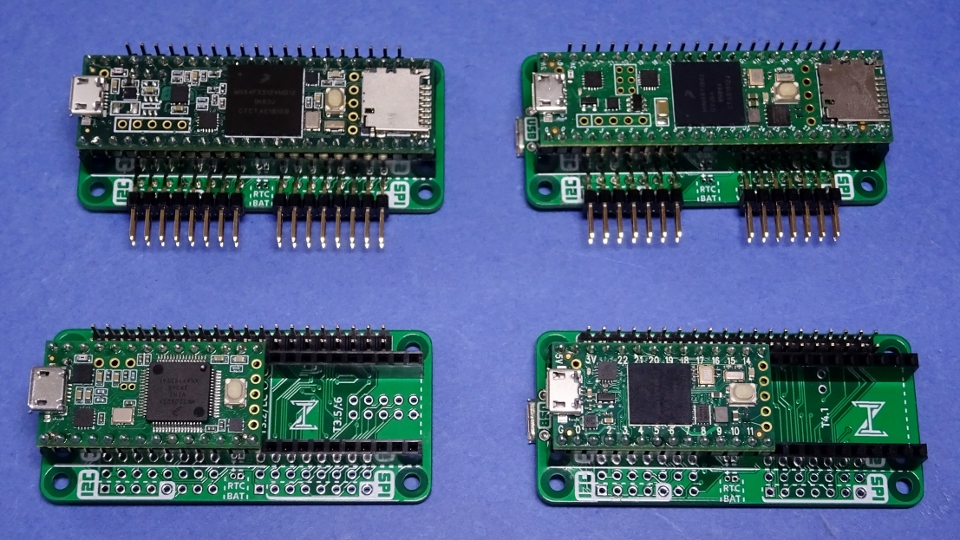 Teensy 3.2, 3.5, 4.0, and 4.1 mounted in their respective ToZero adapters